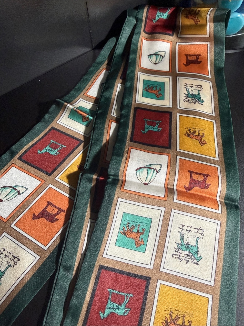 Printed Scarf Tie in Forest Green & Multicolor Squares